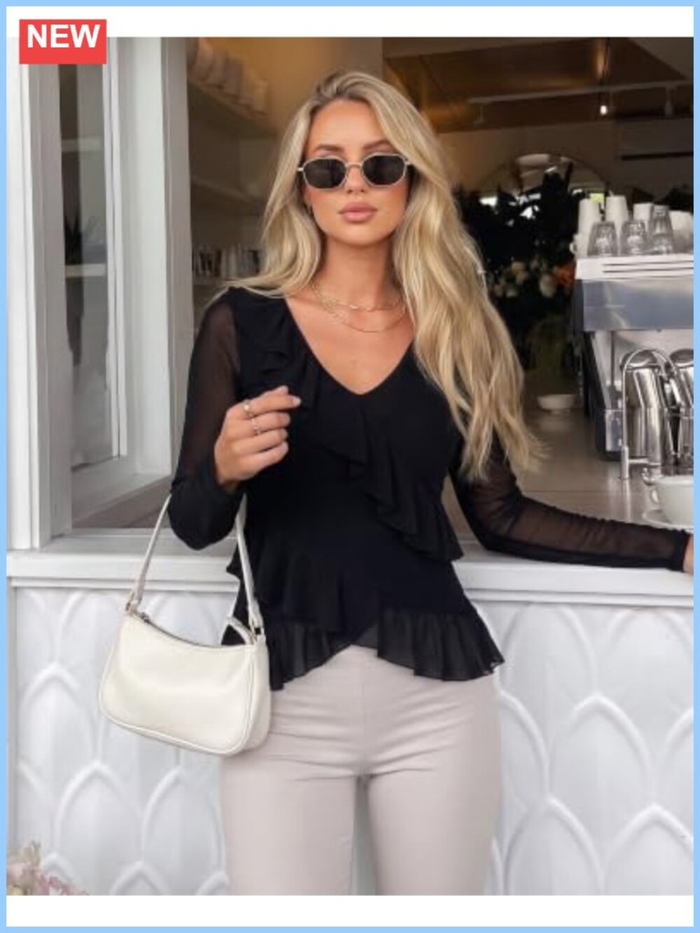 Sheer Mesh Long Sleeve Ruffle V Neck Ruched Blouse - Picture 2 of 6